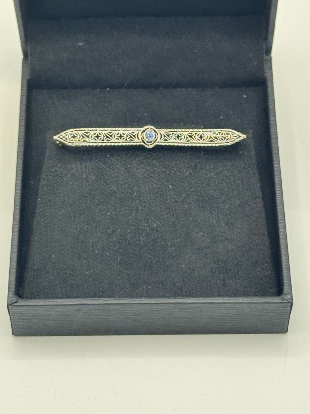 Vintage Platinum & 14k Gold Sapphire Art Deco Stick Pin Brooch - Picture 3 of 12